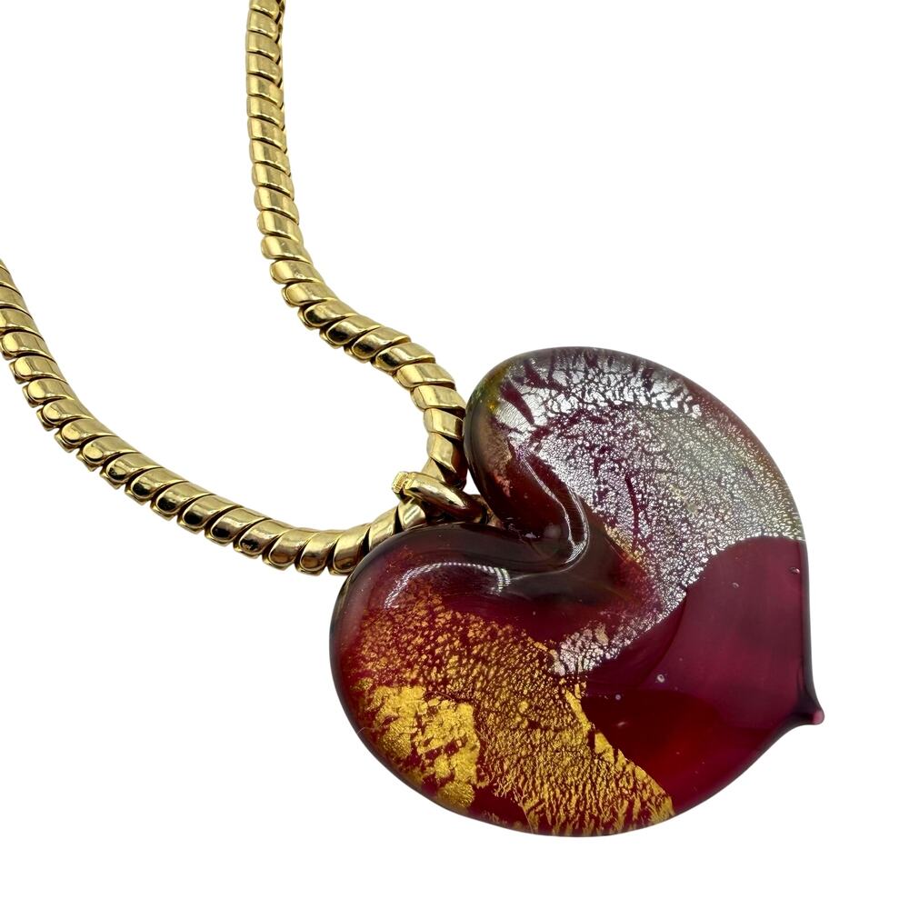 Art Glass Heart Foil Multicolor Handmade Pendant Gold Tone 23" Necklace